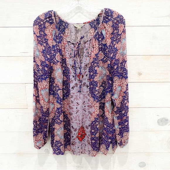 Lucky Brand Blue abstract Tile Print Long Sleeve Boho peasant top ❤️ - Picture 4 of 10